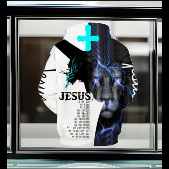 LION & JESUS On The Cross WVerse Long Sleeve kangaroo Pocket Hoodie Pullover - Picture 2 of 5